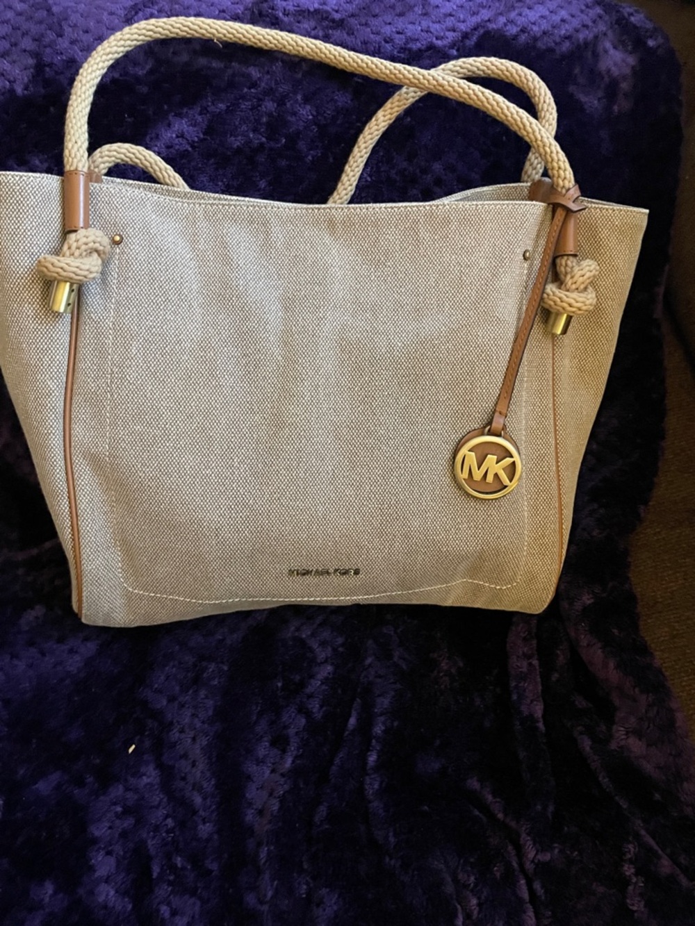 Michael Kors Beige Canvas Tote with Tan Leather Trim and Gold Logo
